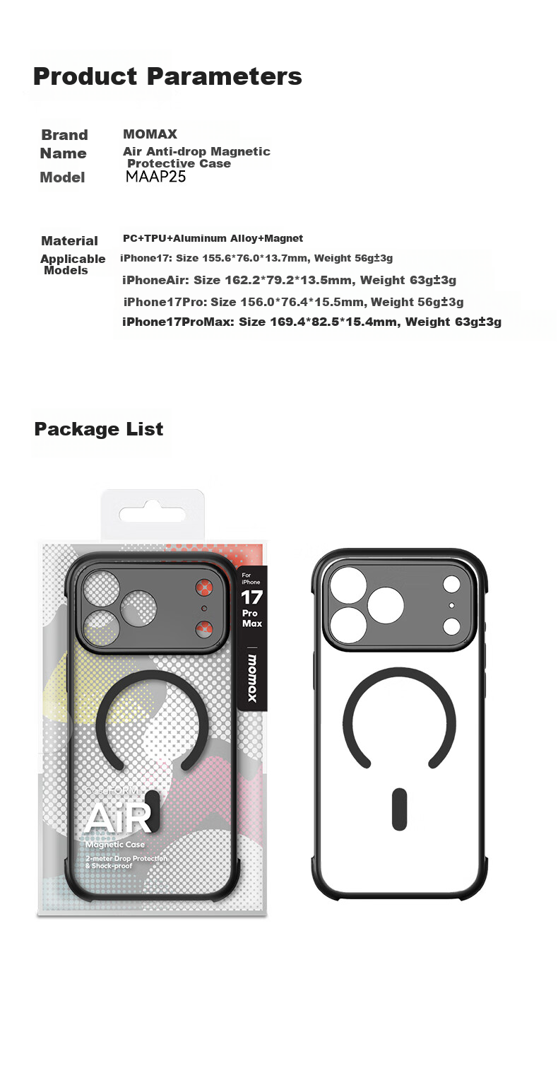 Противоударный чехол MOMAX с магнитной зарядкой MagSafe для Apple iPhone 17 Pro Max, ультратонкий, прозрачный, защита от падений