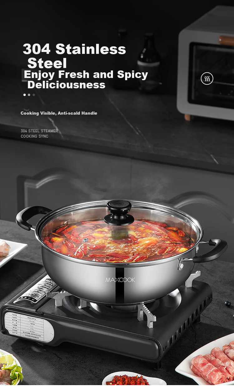 Маккук 304 Кастрюля из нержавеющей стали, 30 см, для супа, совместима с индукционной плитой, с двойным дном и крышкой, в комплекте с парой ложек для горячего горшка MH-30