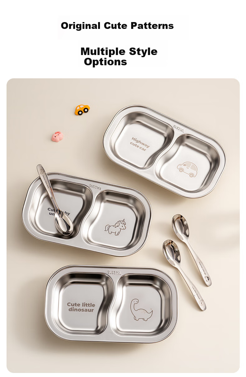 Детская тарелка Onlycook с разделителями, из нержавеющей стали, для малышей, мультяшный стиль - Машинка