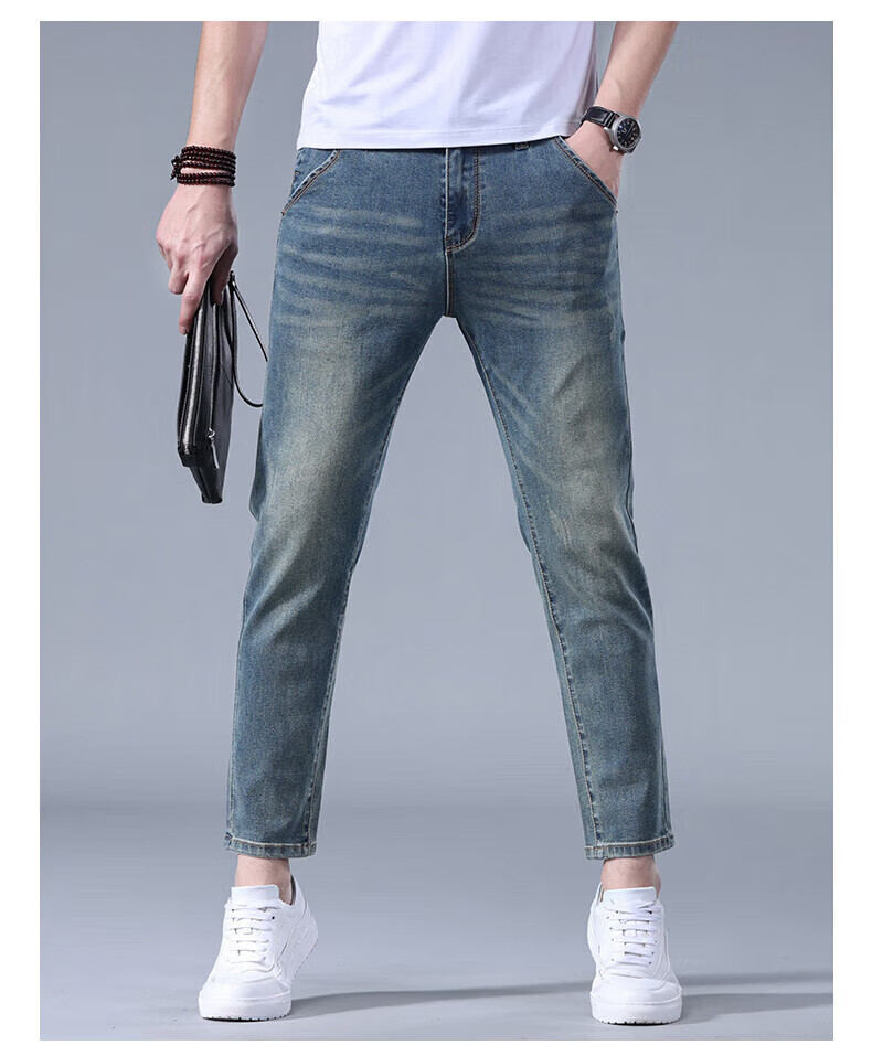 Джинсы мужские Jeanswest, модель 2025 Осень-Зима, мягкий хлопок, стрейч, зауженный крой, модные принтованные брюки, темно-синие, размер 34