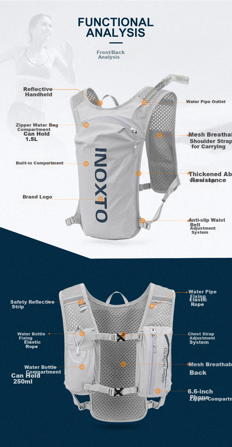 Рюкзак для бега INOXTO Lightweight Breathable Quick-Dry 5L, мужской, серый с темно-синим