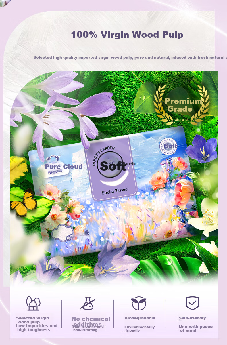 Hygienix Платочки бумажные, серия Monet Garden, 3-слойные, 90 листов * 20 упаковок. Мягкие, влажные салфетки, туалетная бумага.