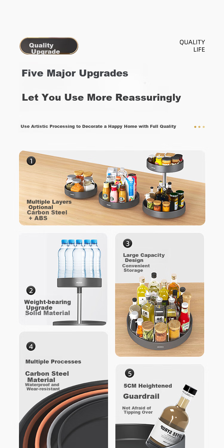 Вращающаяся полка для специй Ecoco E24104, многофункциональная настольная коробка для хранения приправ, серая