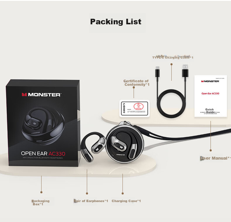 Monster AC330 Беспроводные наушники с открытым ухом Bluetooth 6.0, шумоподавление, черный