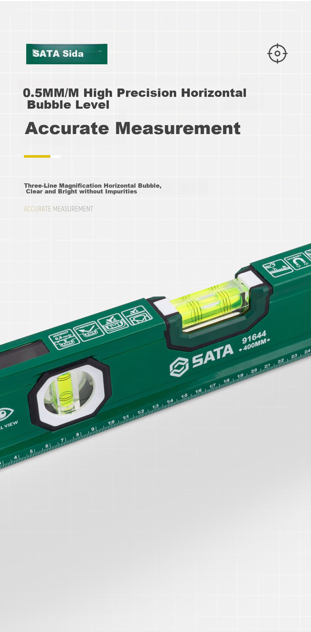 Строительный уровень SATA 91640, 100 мм, с магнитным основанием, высокоточный, алюминиевый сплав, с пузырьковым индикатором