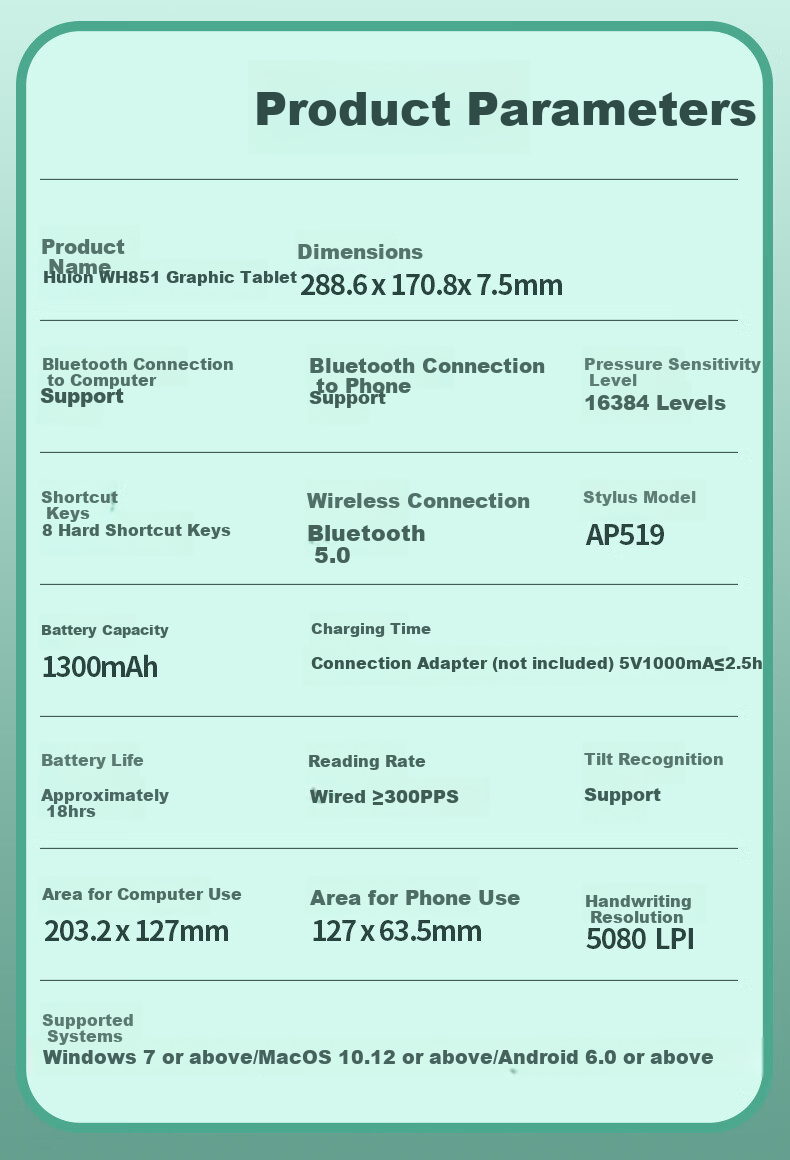 Графический планшет Gaoman (GAOMON) WH851, беспроводной Bluetooth, пассивное перо, 16384 уровня давления, зеленый