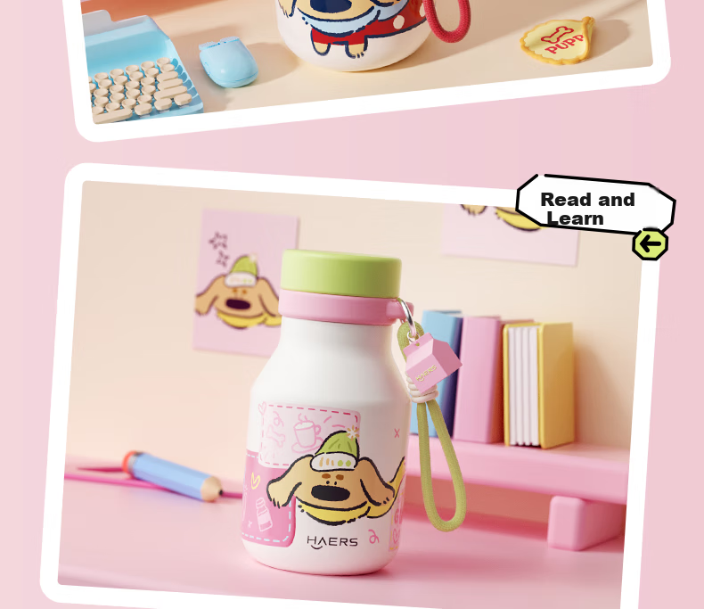 Термокружка HAERS Insulated Mug для студентов, стильная бутылка для воды с трубочкой, портативная чашка для девушек, подарок, новая модель, коричневая, 480 мл