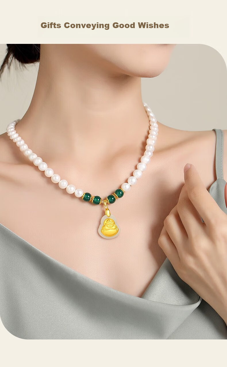 Женьшэнь Да Цзинь CHOW TAI KING, ожерелье с пресноводным жемчугом для женщин, кулон в виде Будды с золотой инкрустацией, подарок на Новый год, День святого Валентина для мам и пожилых людей