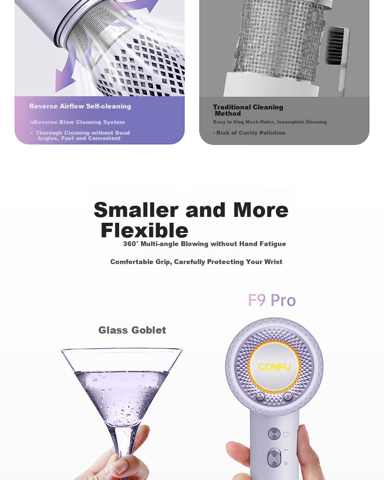 Фен CONFU F9Pro Yulait Purple, 1900 Вт, 50 миллиардов плазменных ионов, защита волос, бытовое использование, быстрая сушка, фиолетовый