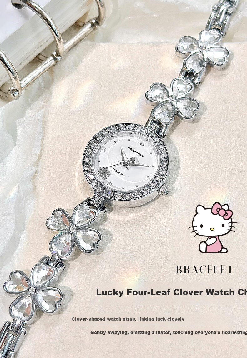 Женские часы Hello Kitty Sanrio "Четырехлистный клевер", кварцевые, браслет из сплава, водонепроницаемые до 30м, диаметр циферблата до 28мм