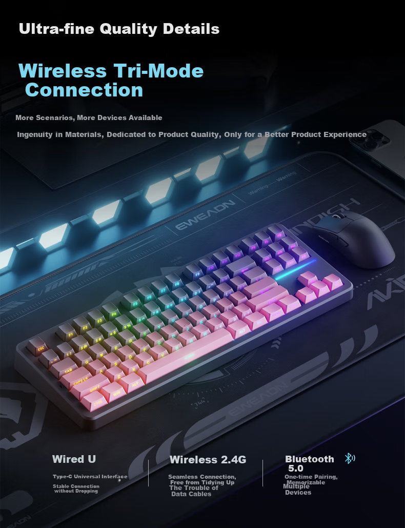 Беспроводная механическая клавиатура EWEADN X87 Ultra, 87 клавиш, RGB подсветка, Bluetooth, USB Type-C, белый