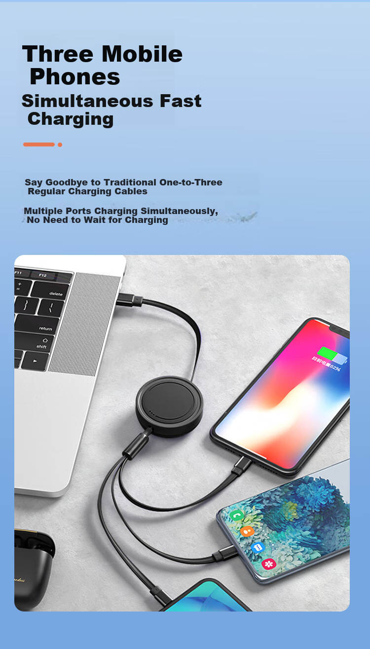 Кабель зарядный Masentek 3-в-1 Retractable, 66W, для Apple, Type-C, Android, Lightning, USB Micro