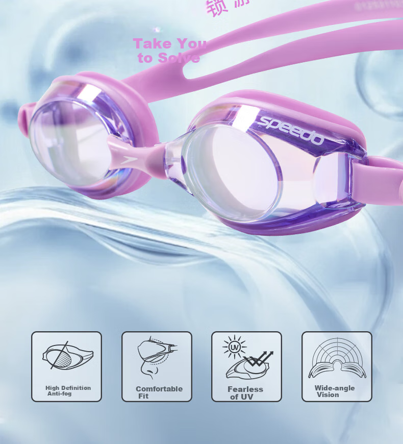 Очки для плавания Speedo Jingsu Series, антифоговое покрытие, диоптрии -4.0, фиолетовые