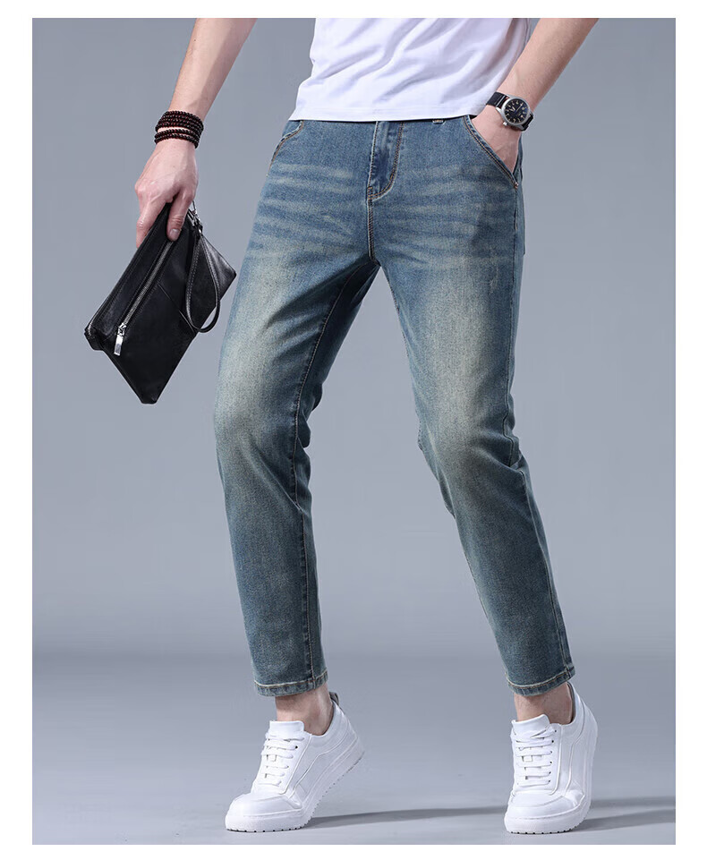 Джинсы мужские Jeanswest, модель 2025 Осень-Зима, мягкий хлопок, стрейч, зауженный крой, модные принтованные брюки, темно-синие, размер 34