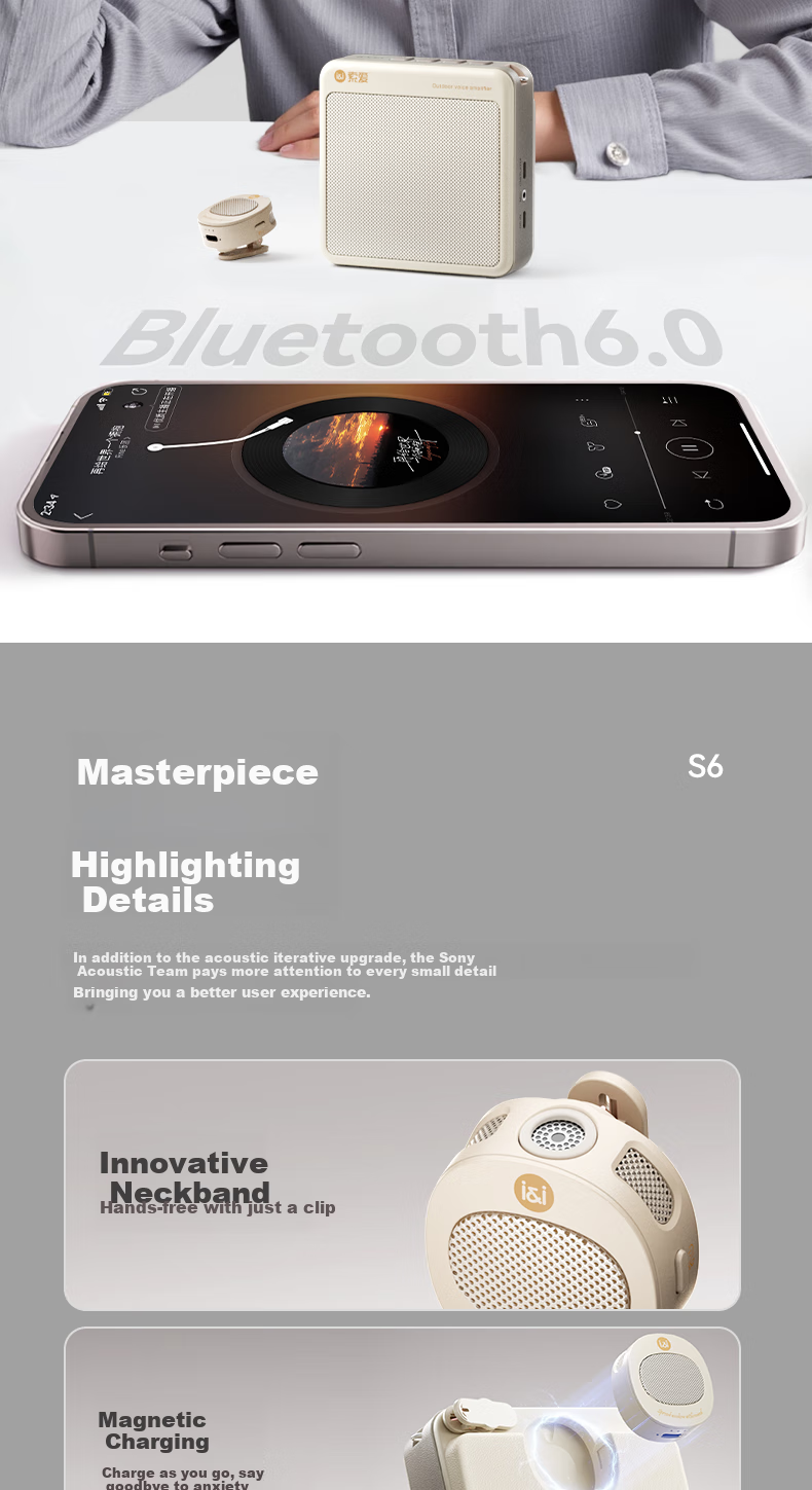Портативная акустика Soaiy S6, беспроводной микрофон-клипса, 40 Вт, Bluetooth 6.0, водонепроницаемый IPX5, 8000 мАч