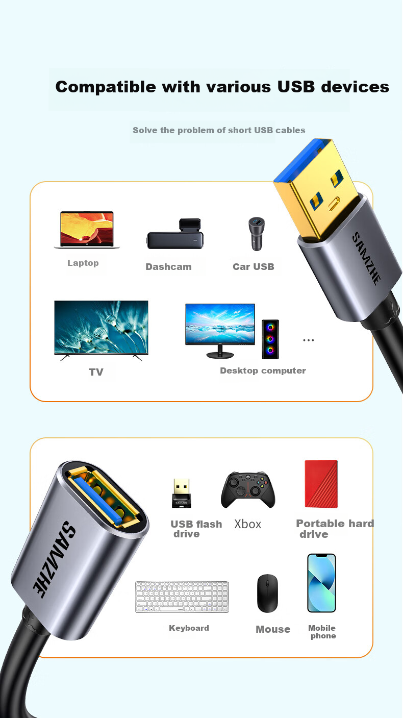 USB 3.0 удлинительный кабель SAMZHE LK-50, 5 метров, AM/AF, алюминиевый сплав, черный