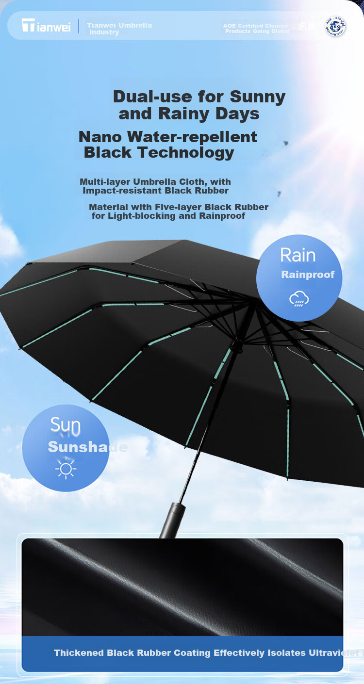 Tianwei Umbrella, полностью автоматический, для солнца и дождя, большой размер, усиленный и утолщенный, складной, защита от солнца, для мужчин и женщин, 144 ребра