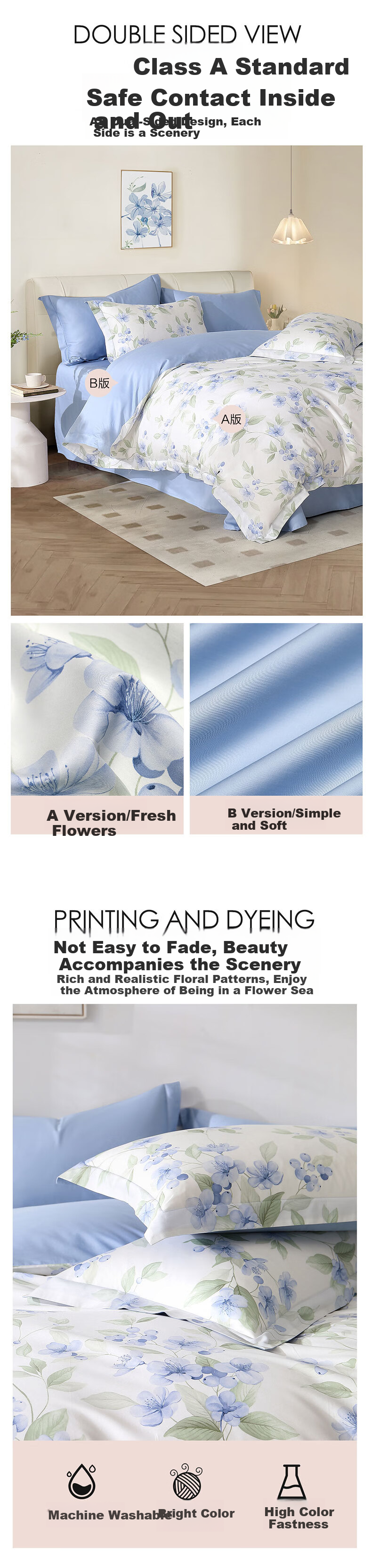 Комплект постельного белья Shuixingjiafang, 4 предмета, 60 нитей Tencel™ Cotton, пододеяльник из лиоцелла, простыня для двуспальной кровати 1.5 м, цветочный принт "Цветочный дождь"