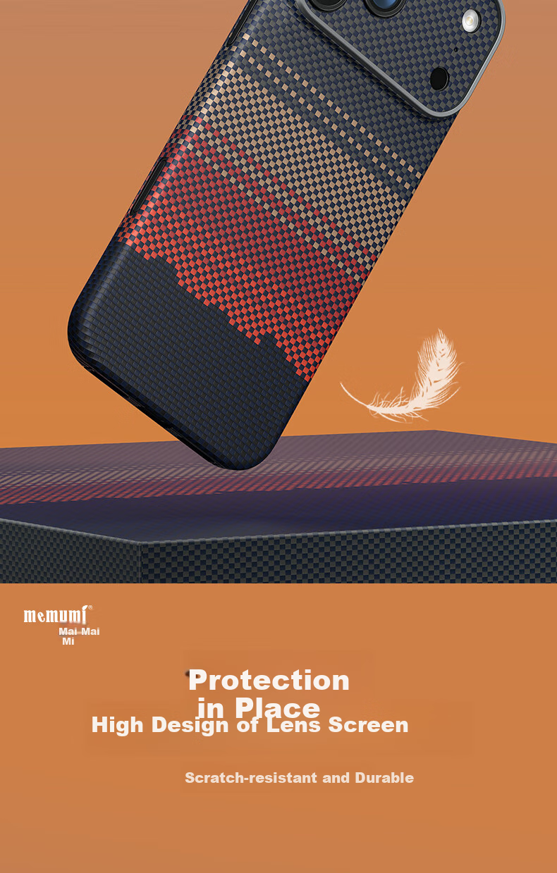 Чехол Memumi для iPhone 17 Pro, из арамидного волокна, ультратонкий, анти-падение, противоударный, стиль бизнес/лайт люкс, черный/оранжевый