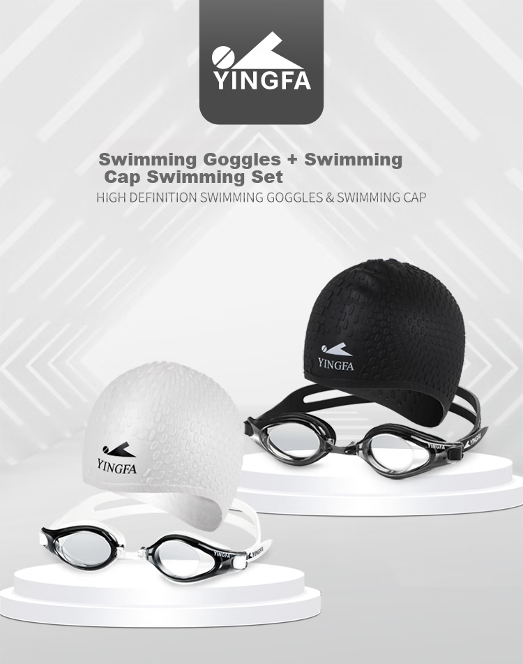 Очки для плавания YINGFA, набор с шапочкой, антифог, водонепроницаемые, HD, большая оправа, черный