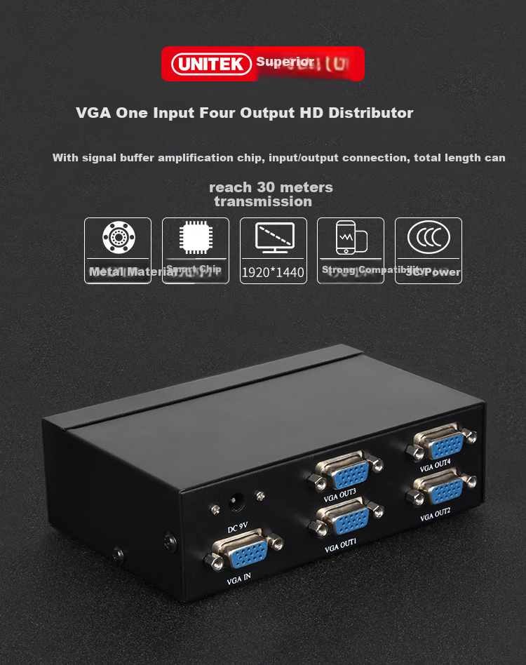 UNITEK U-8707 VGA сплиттер, 1 вход / 4 выхода, HD видео, разветвитель VGA монитора, видео удлинитель
