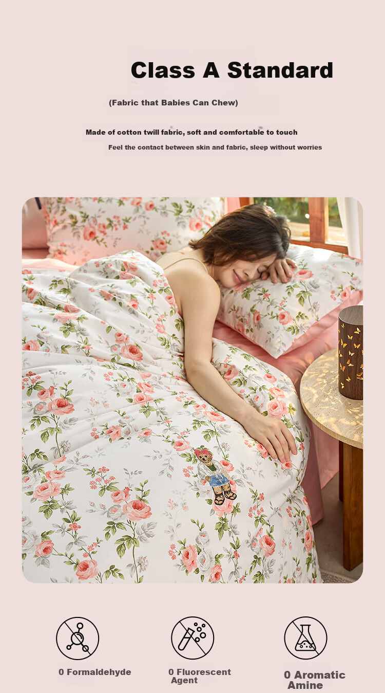 Комплект постельного белья TEENIE WEENIE Cotton Print Embroidery, размер 1.5/1.8м, цвет "Цветочный + нежно-розовый"