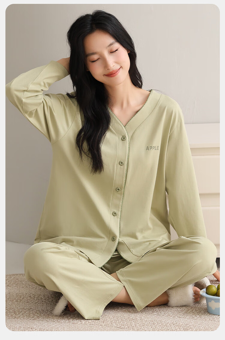 Женский пижамный комплект LangSha, 100% хлопок, осень-зима, удобный мягкий кардиган, домашняя одежда, зеленый