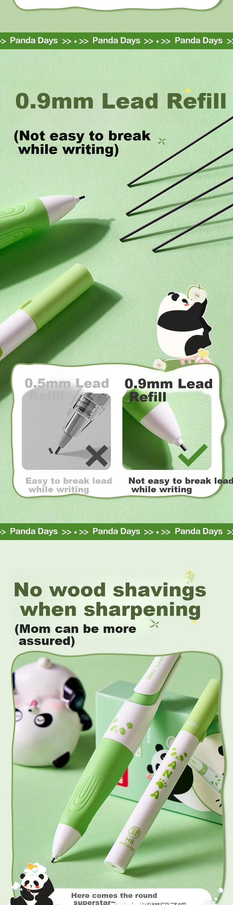 Автоматический карандаш Deli Panda, 0.9 мм, HB, с коррекцией осанки, для учеников, набор из 3 предметов (карандаш, стержень, ластик)