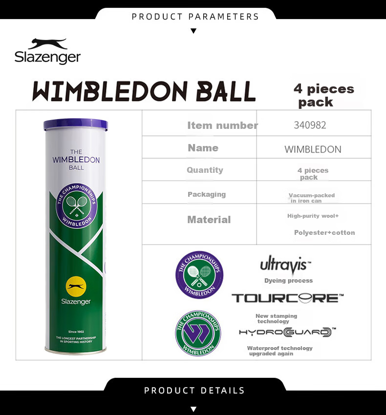 Мячи для тенниса Slazenger Official Wimbledon Ball, тренировочные и игровые, в металлической банке, 3 шт.