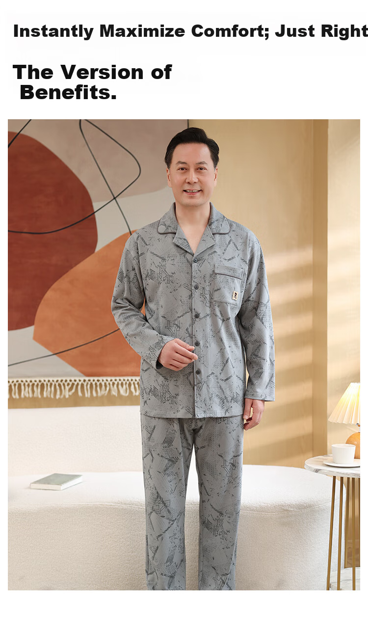 Мужская пижама LangSha, комплект из 100% хлопка, для сна и дома, осень, размер 3XL (175-200 кг), серый