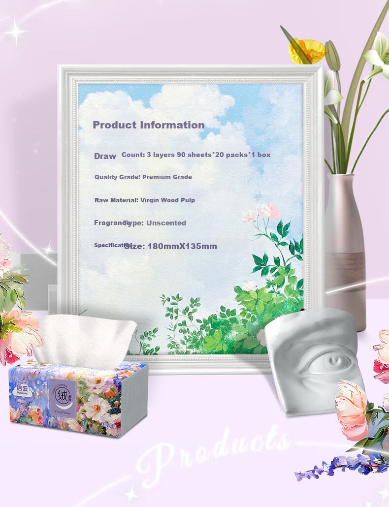 Hygienix Платочки бумажные, серия Monet Garden, 3-слойные, 90 листов * 20 упаковок. Мягкие, влажные салфетки, туалетная бумага.