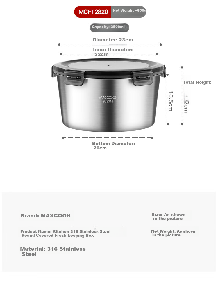 Контейнер для хранения еды Maxcook из нержавеющей стали 316, 1000 мл, круглый, с крышкой, для микроволновой печи, для холодильника, MCFT2806