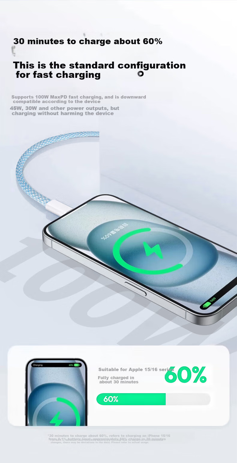 Кабель Smorss Type-C, 100W, 1м, синий, для быстрой зарядки Huawei, Honor, OPPO, Xiaomi