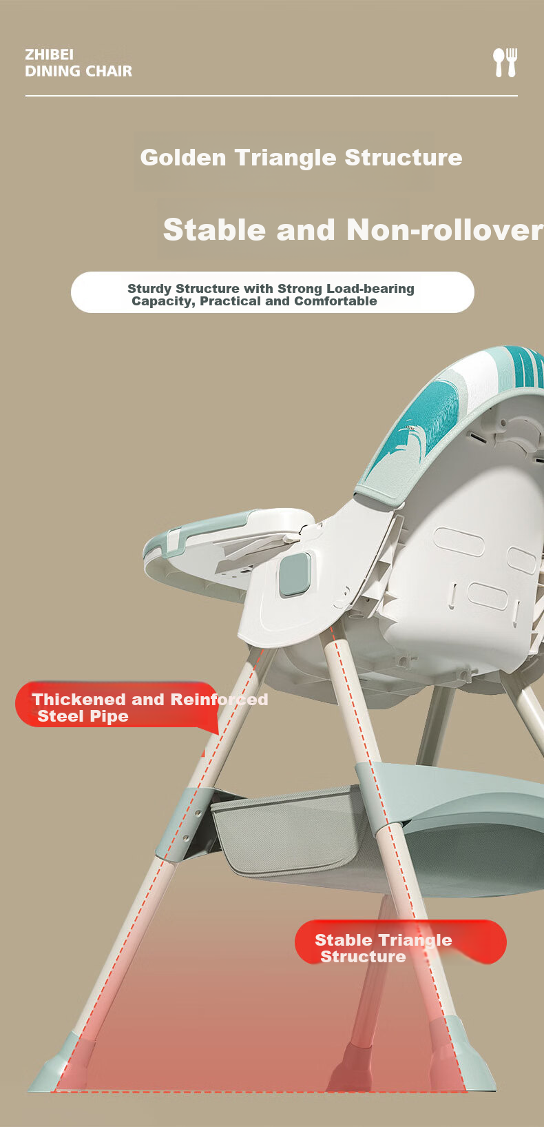 Детский стульчик для кормления Zhibei, складной, портативный, регулируемый, 803-C, цвет "Облачно-зеленый"