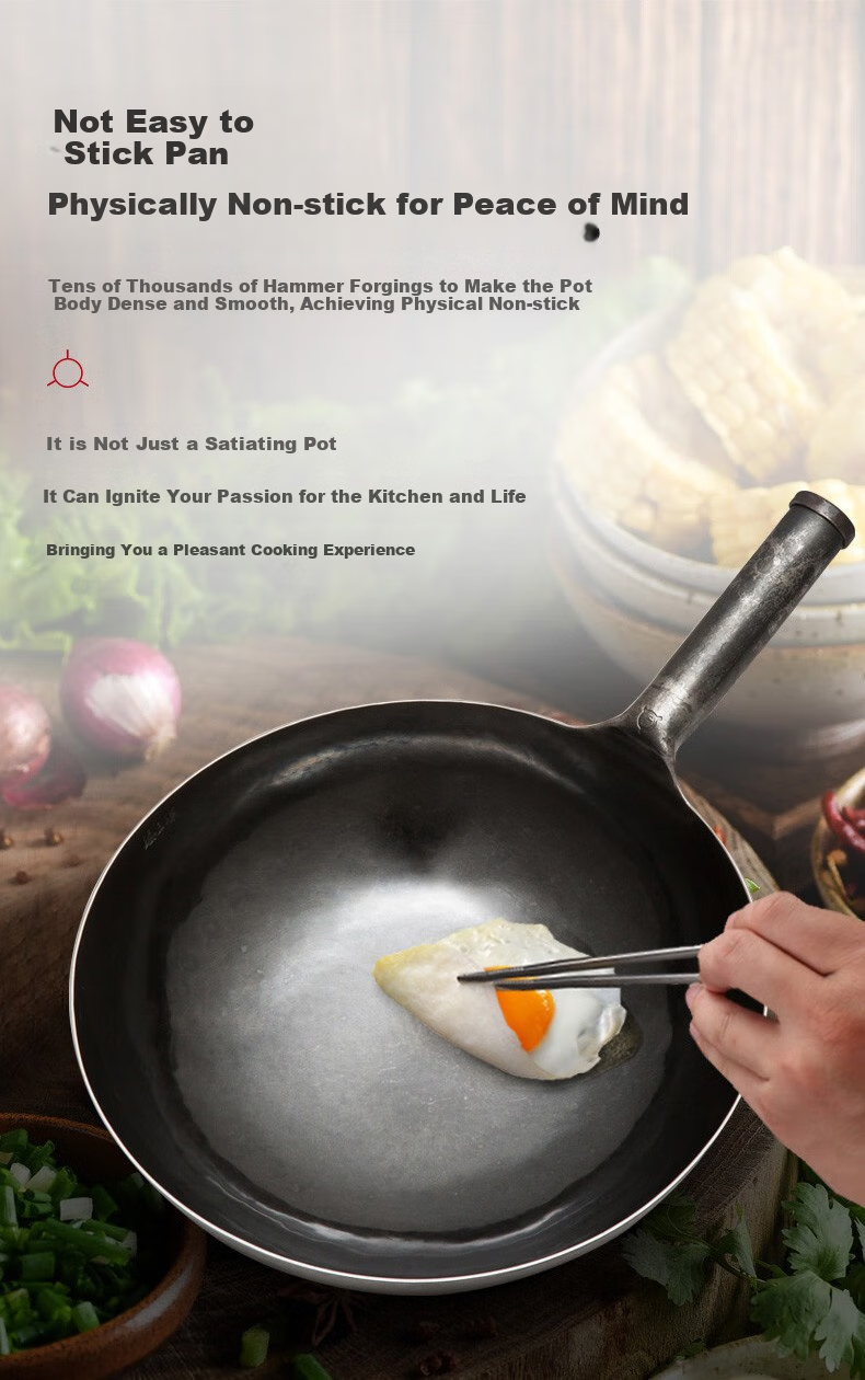 Zhensanhuan Zhangqiu Iron Wok, Handmade Stir-Fry Pan, Uncoated Cooking Pot, Non-Stick Pan, Traditional Cast Iron Wok, Zongshi 32cm