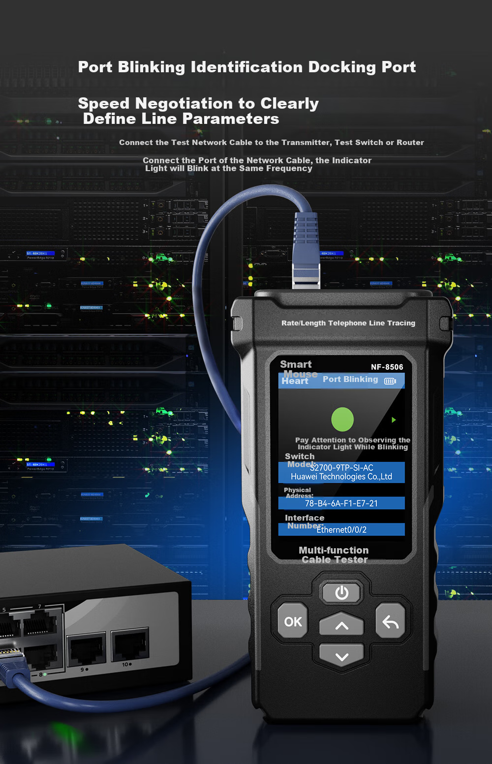 Сетевой тестер Jingmingshu NF-8506, кабельный тестер с поддержкой POE, сканирование IP, пинг-тест