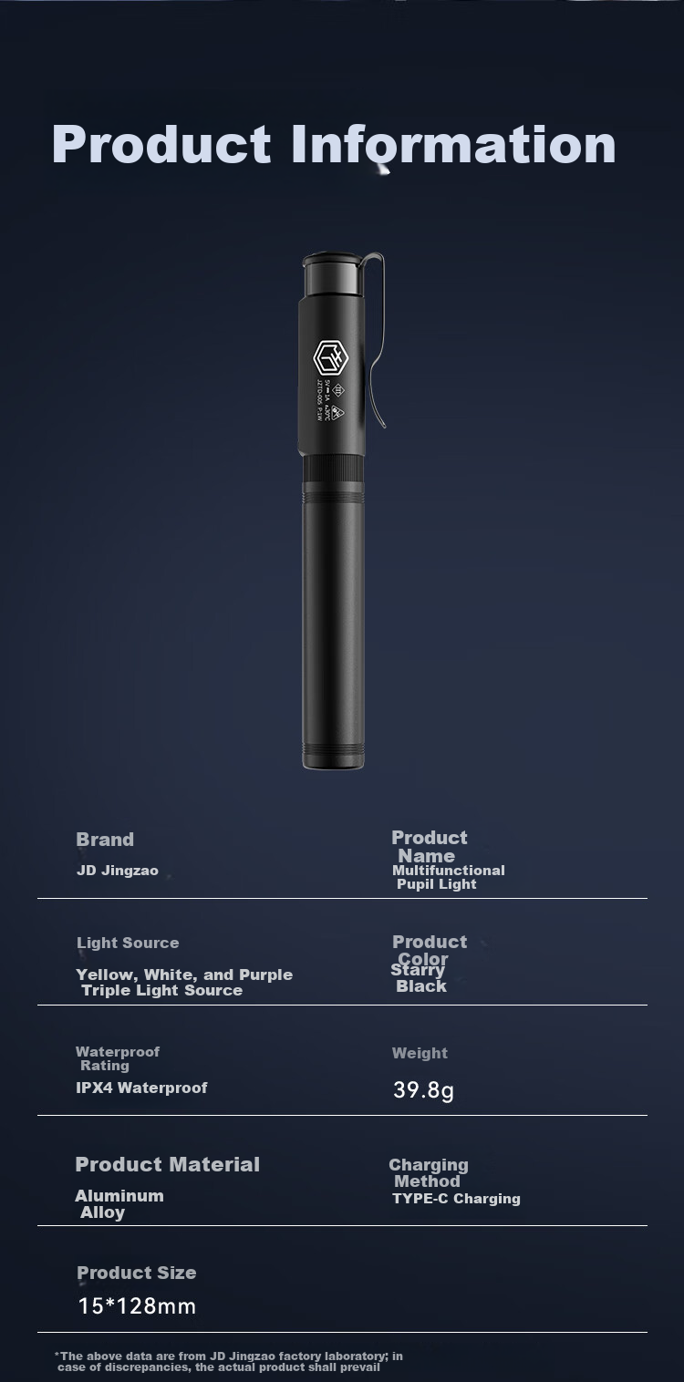 Медицинский фонарик JD Jingzao, многофункциональный, с тремя режимами света (белый, теплый желтый, УФ), алюминиевый сплав, IPX4, перезаряжаемый через Type-C