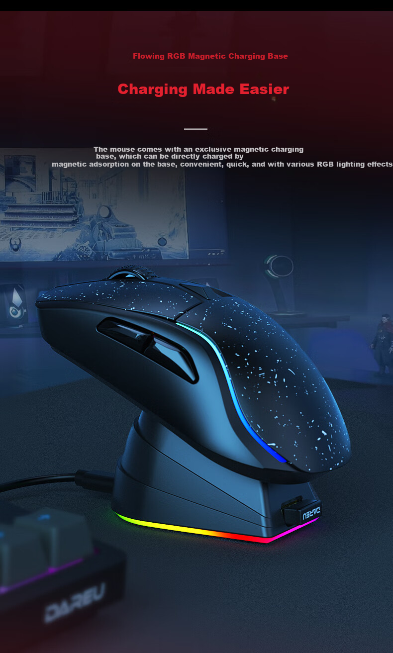 Игровая мышь DAREU A950, беспроводная, Bluetooth, 2.4ГГц, RGB, для больших рук, черная