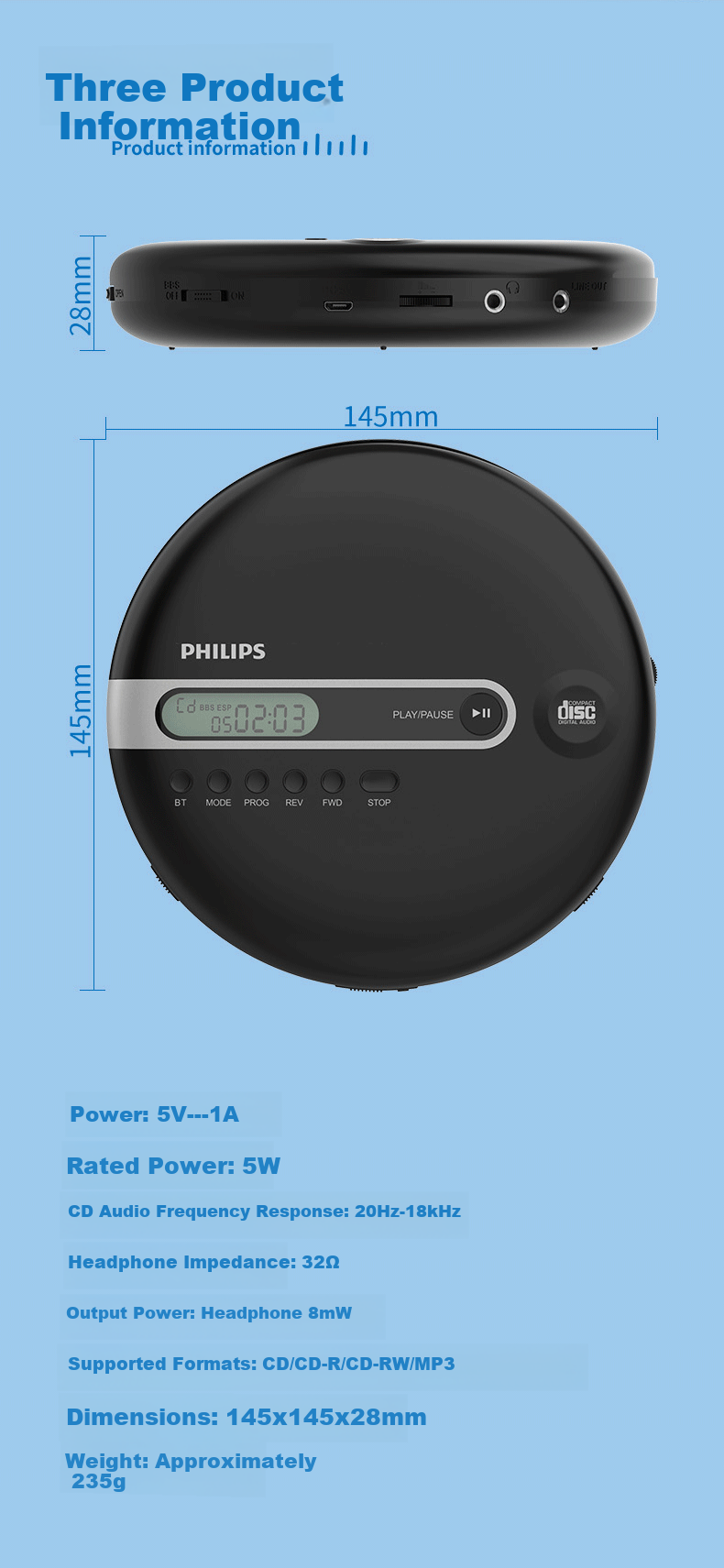 Портативный CD-плеер PHILIPS EXP2368 с Bluetooth, антишок, черный