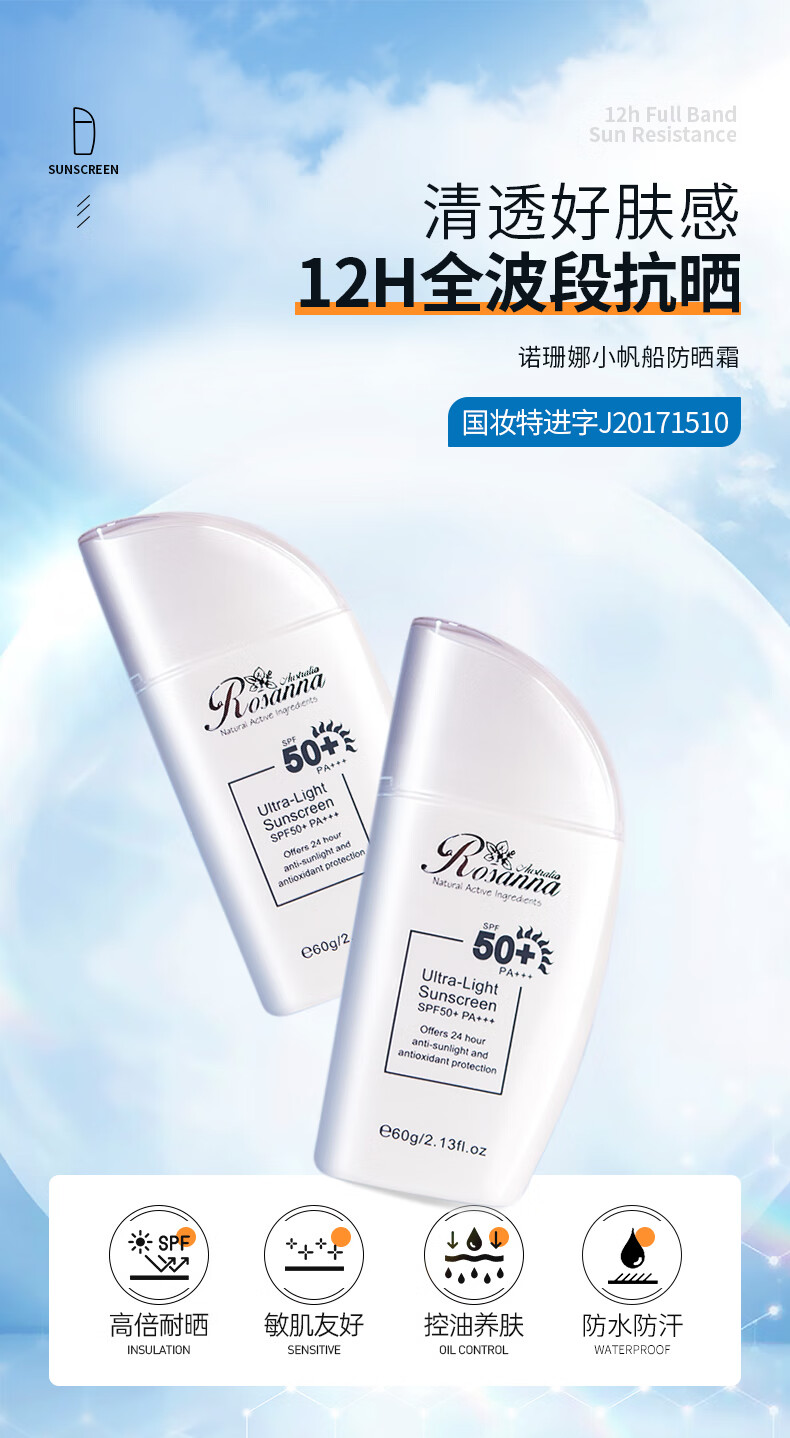 诺珊娜（larosanna）高倍隔离防晒霜乳二合一 SPF50+ 清爽保湿不油腻 男女士澳洲进口 【明星单品】小帆船60g
