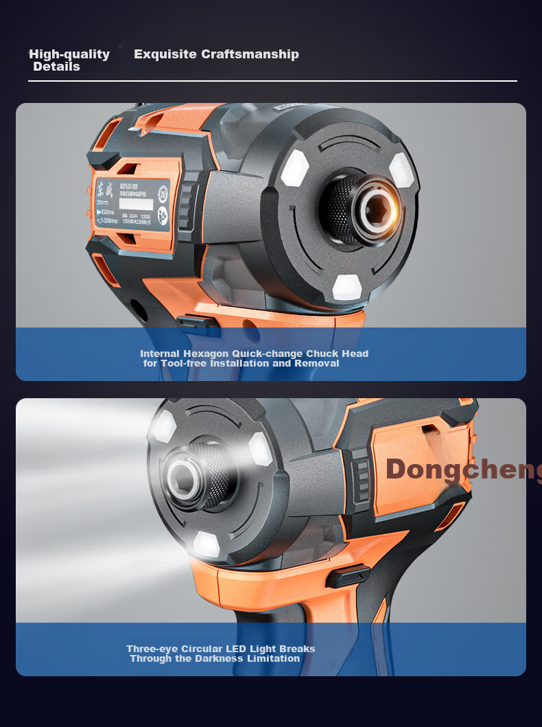 Аккумуляторный ударный гайковерт Dongcheng DCPL02-208D, 20В, 208 Нм, 2.0 Ач, без щеток, с подсветкой, 1/4 дюйма