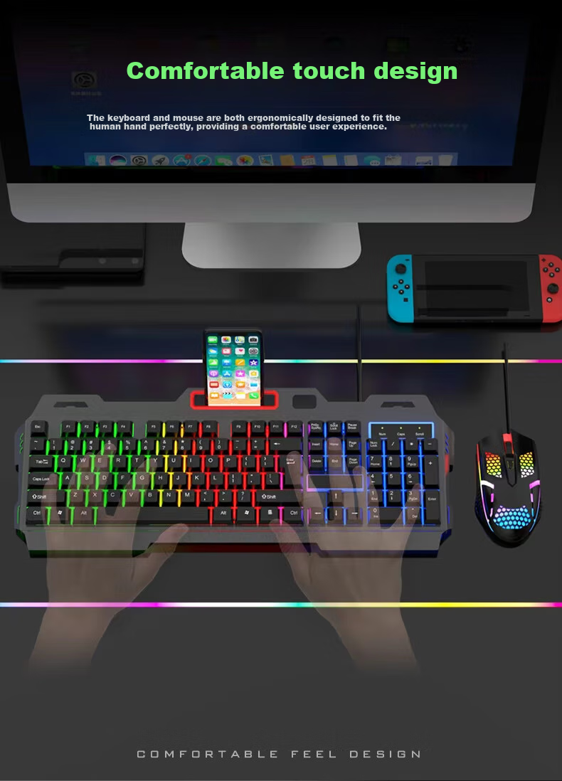 Игровая клавиатура и мышь Lingshe MK210, проводной комплект, металлическая панель, подсветка, серо-черный
