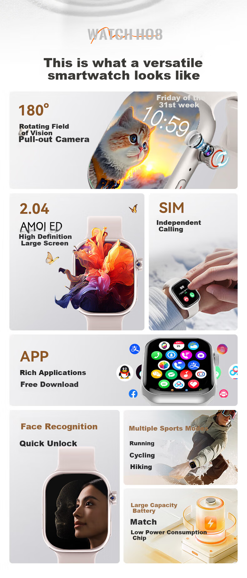 Умные часы Bobi Smart Watch Phone, 4G, 2.04" AMOLED, GPS, Wi-Fi, Bluetooth, с поддержкой SIM-карты, для подростков и взрослых, черный