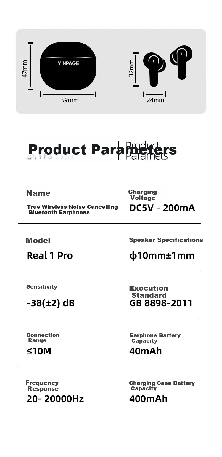 Беспроводные наушники Yinbeiqi Real1Pro True Wireless Bluetooth с активным шумоподавлением ANC