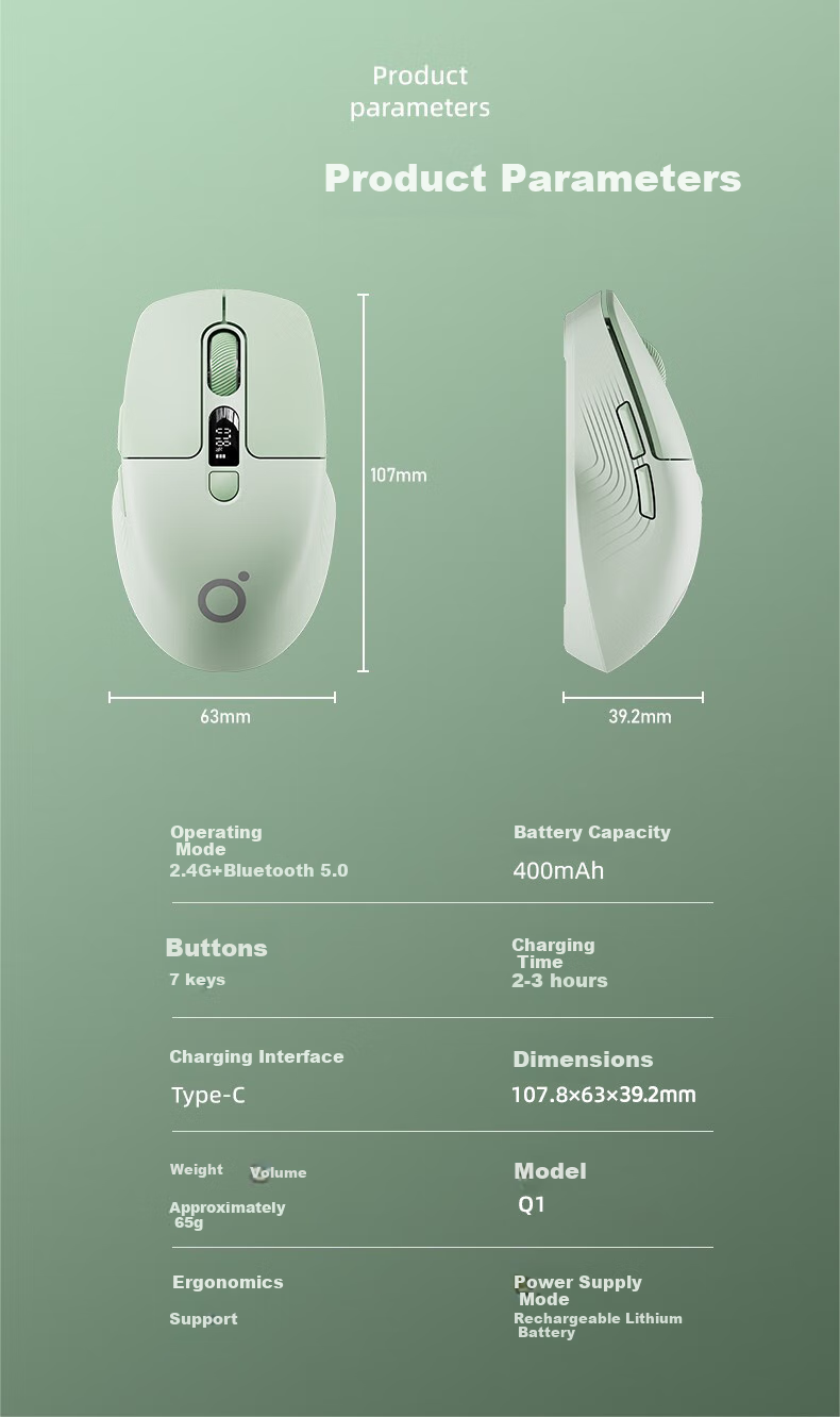 Беспроводная мышь EWEADN Q1 Bluetooth с экраном, перезаряжаемая, низкий уровень шума, эргономичная, компактная, портативная, высокоэстетичная, для компьютера, ноутбука, iPad, универсальная, цвет матча