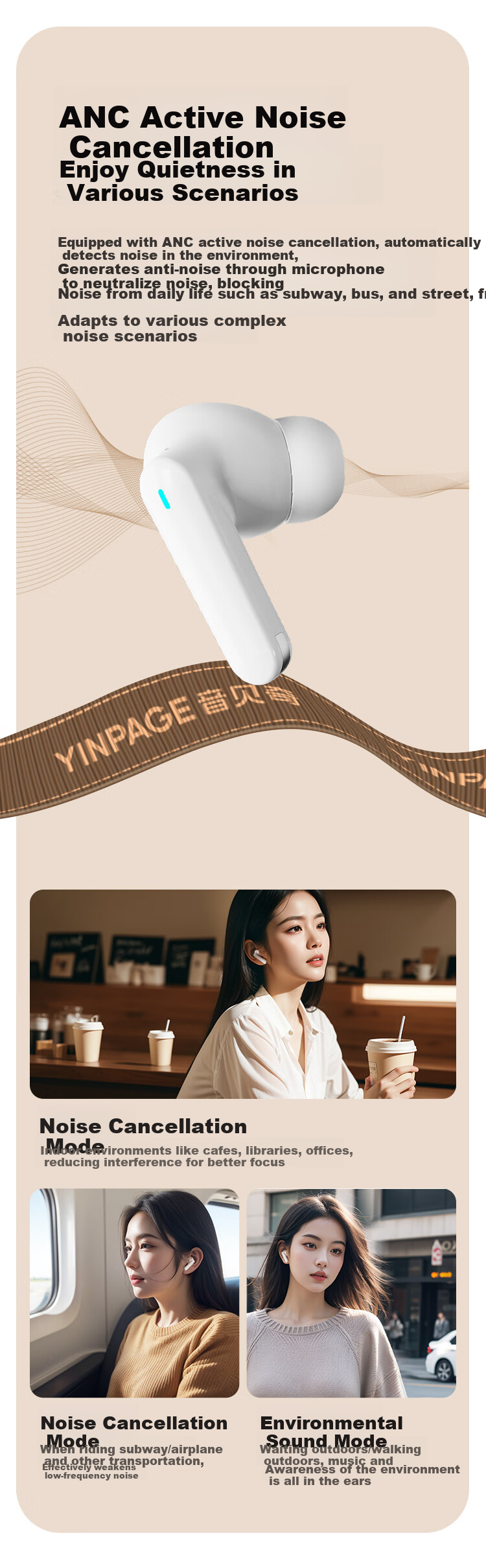 Беспроводные наушники Yinbeiqi Real1Pro True Wireless Bluetooth с активным шумоподавлением ANC