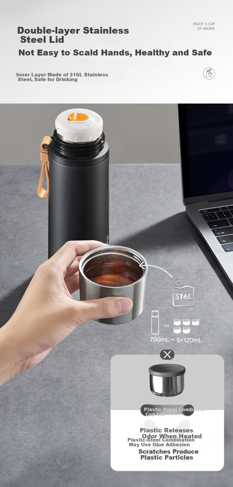 Термос SUPOR Insulated Bottle, 1л, нержавеющая сталь 316L, портативный для путешествий, черный