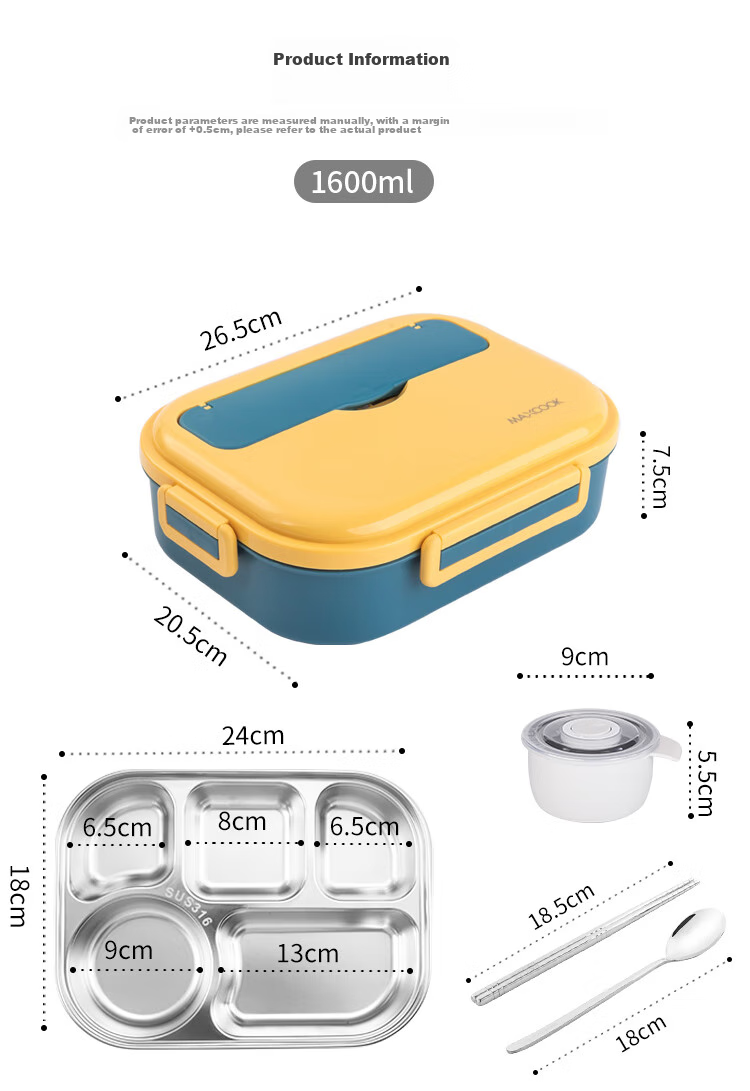 Ланч-бокс MAXCOOK 316L из нержавеющей стали, 5 отделений, с вилкой и ложкой, 1.6 л, синий
