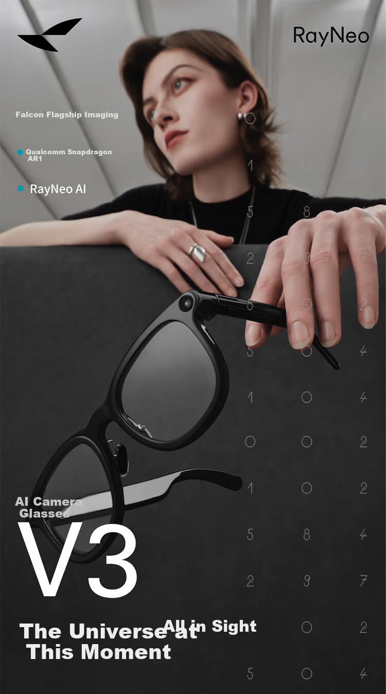 Умные очки FFALCON V3 AI, беспроводные, с аудио, без диоптрий, для видеоблогинга, черный глянцевый