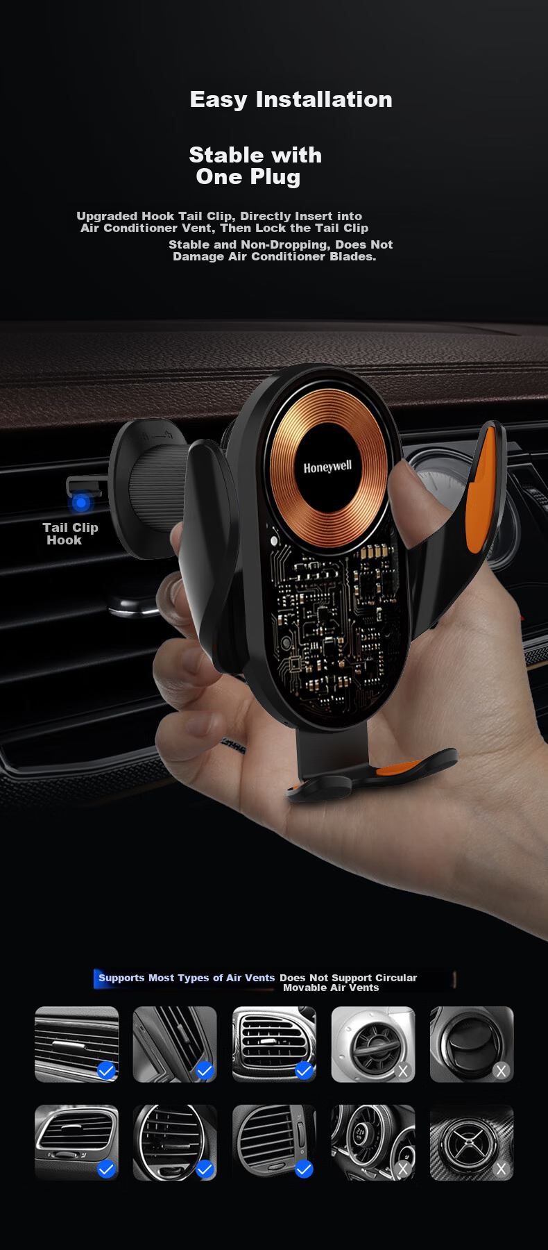 Автомобильное беспроводное зарядное устройство Honeywell HZX7, держатель для телефона с креплением на вентиляционное отверстие, 15 Вт